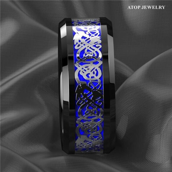 Men's Wedding Band Rings - Blue Black Silver Celtic Dragon Design Wedding Rings - Picture 6 of 8